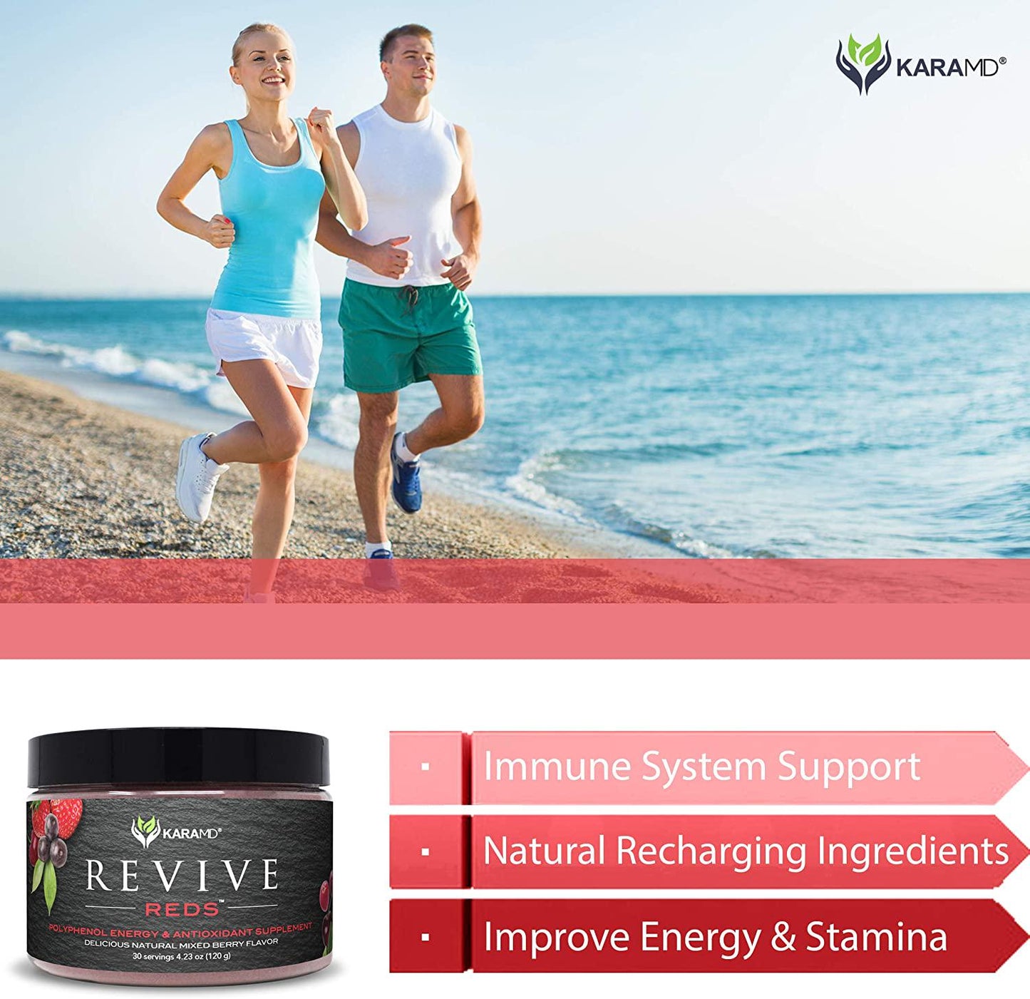 KaraMD Revive Reds | Dr Formulated Polyphenal Energy Booster Supplement | Natural and Non-GMO Superfoods Powder | Immune System Support and Complete Digestive Enzymes, 30 Concentrated Servings