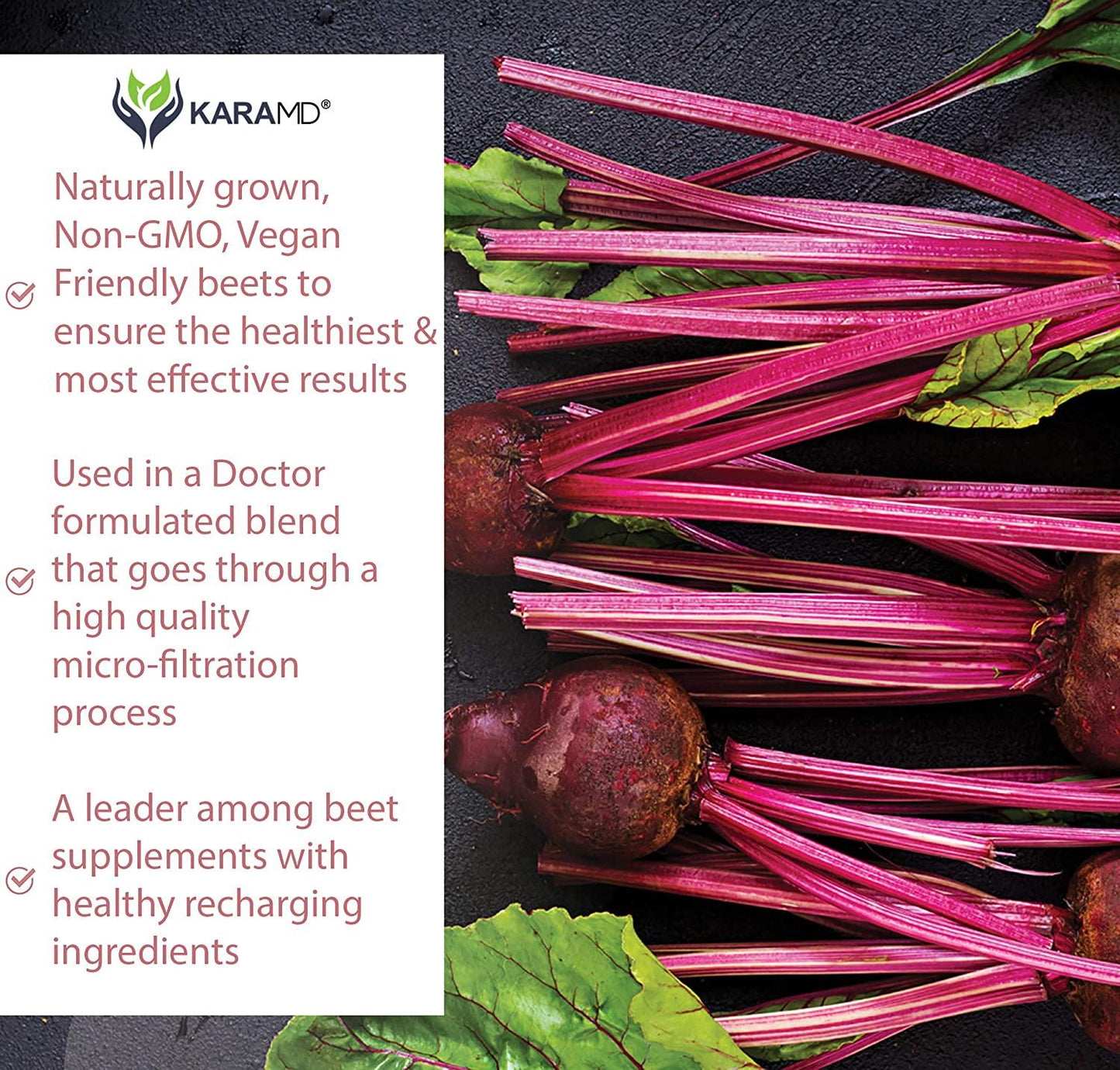 KaraMD UltraBeets | Doctor Formulated Beets Superfood Powder | Natural, Non-GMO, Vegan Nitric Oxide Booster Supplement | Supports Heart Health, Circulation and Energy, 30 Servings