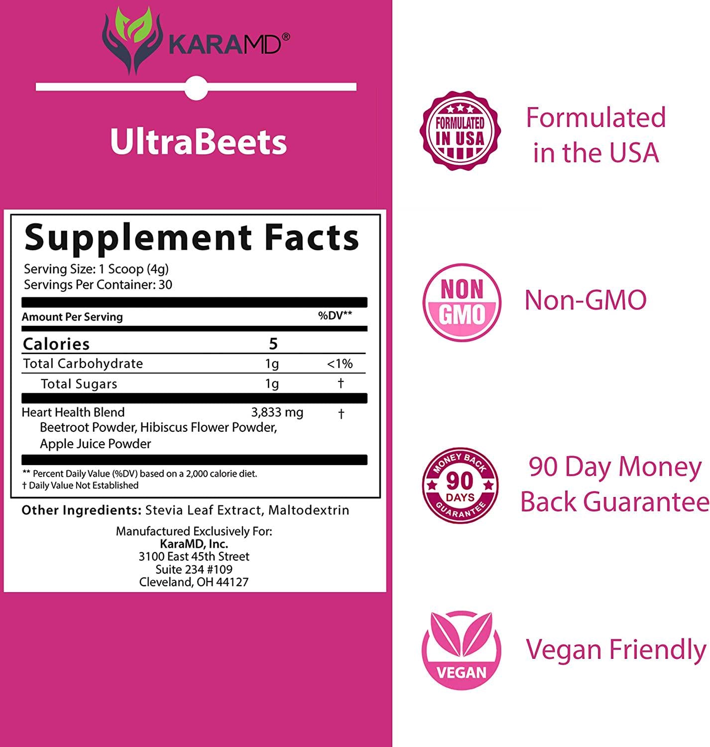 KaraMD UltraBeets | Doctor Formulated Beets Superfood Powder | Natural, Non-GMO, Vegan Nitric Oxide Booster Supplement | Supports Heart Health, Circulation and Energy, 30 Servings