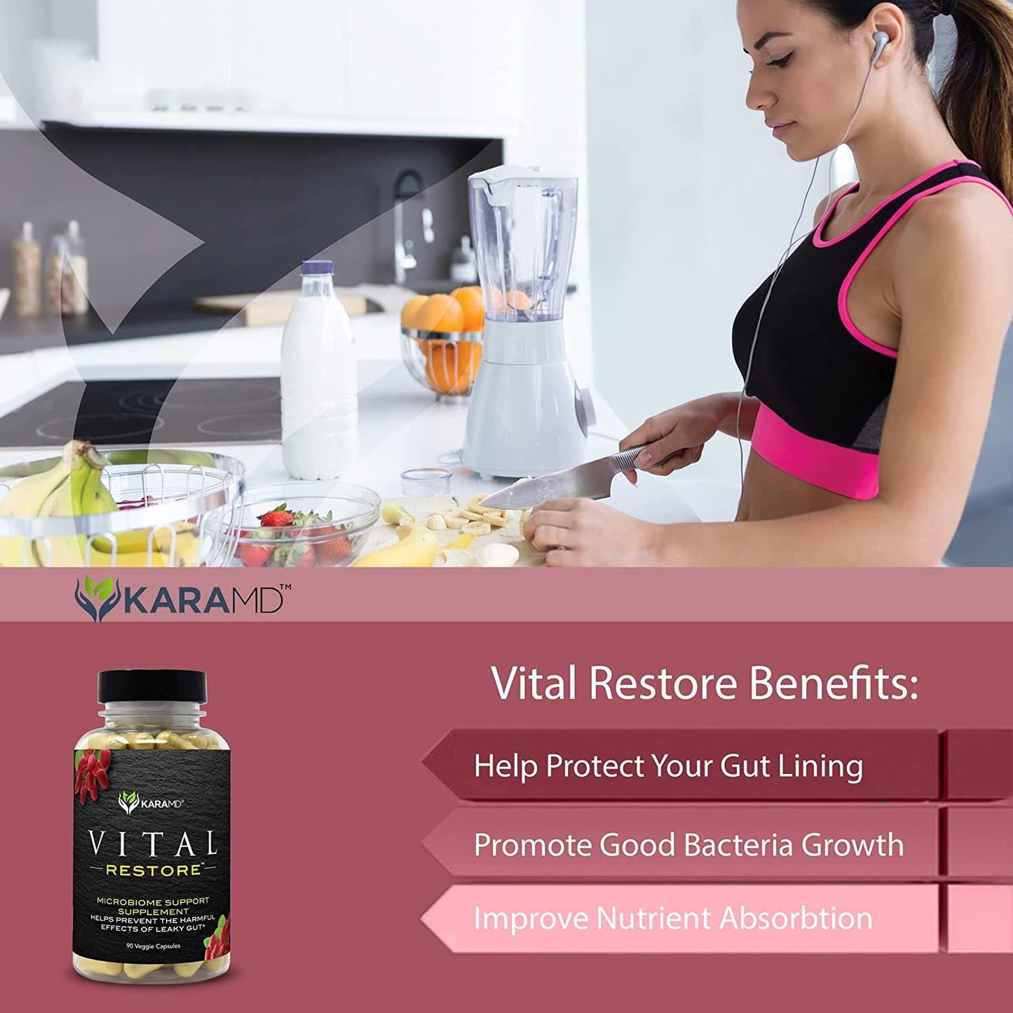 KaraMD Vital Restore | Doctor Formulated Leaky Gut Repair | Gastric and Intestinal Health | Total Restore of Probiotic Enzymes, Energy, Gut Lining | Natural Digestive Supplement, 90 Capsules