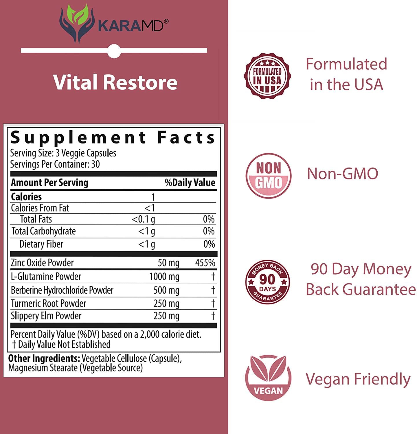 KaraMD Vital Restore | Doctor Formulated Leaky Gut Repair | Gastric and Intestinal Health | Total Restore of Probiotic Enzymes, Energy, Gut Lining | Natural Digestive Supplement, 90 Capsules