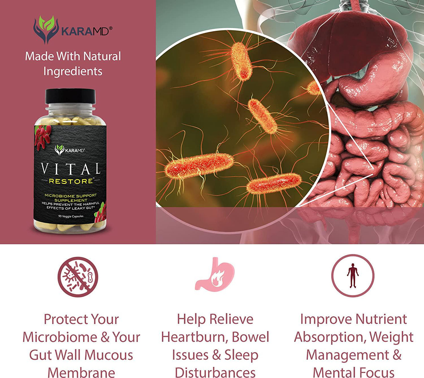 KaraMD Vital Restore | Doctor Formulated Leaky Gut Repair | Gastric and Intestinal Health | Total Restore of Probiotic Enzymes, Energy, Gut Lining | Natural Digestive Supplement, 90 Capsules