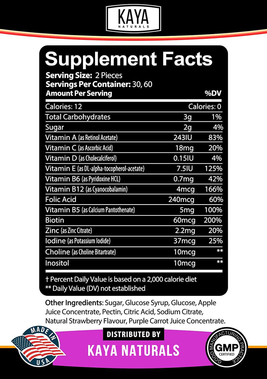 Kaya Naturals Adult Multi Vitamin Gummy, 120 Count, Biotin, Vitamin A, C and E, Including Zinc &Vitamin B-12, Folic Acid, Strawberry Flavor (120 Gummies)