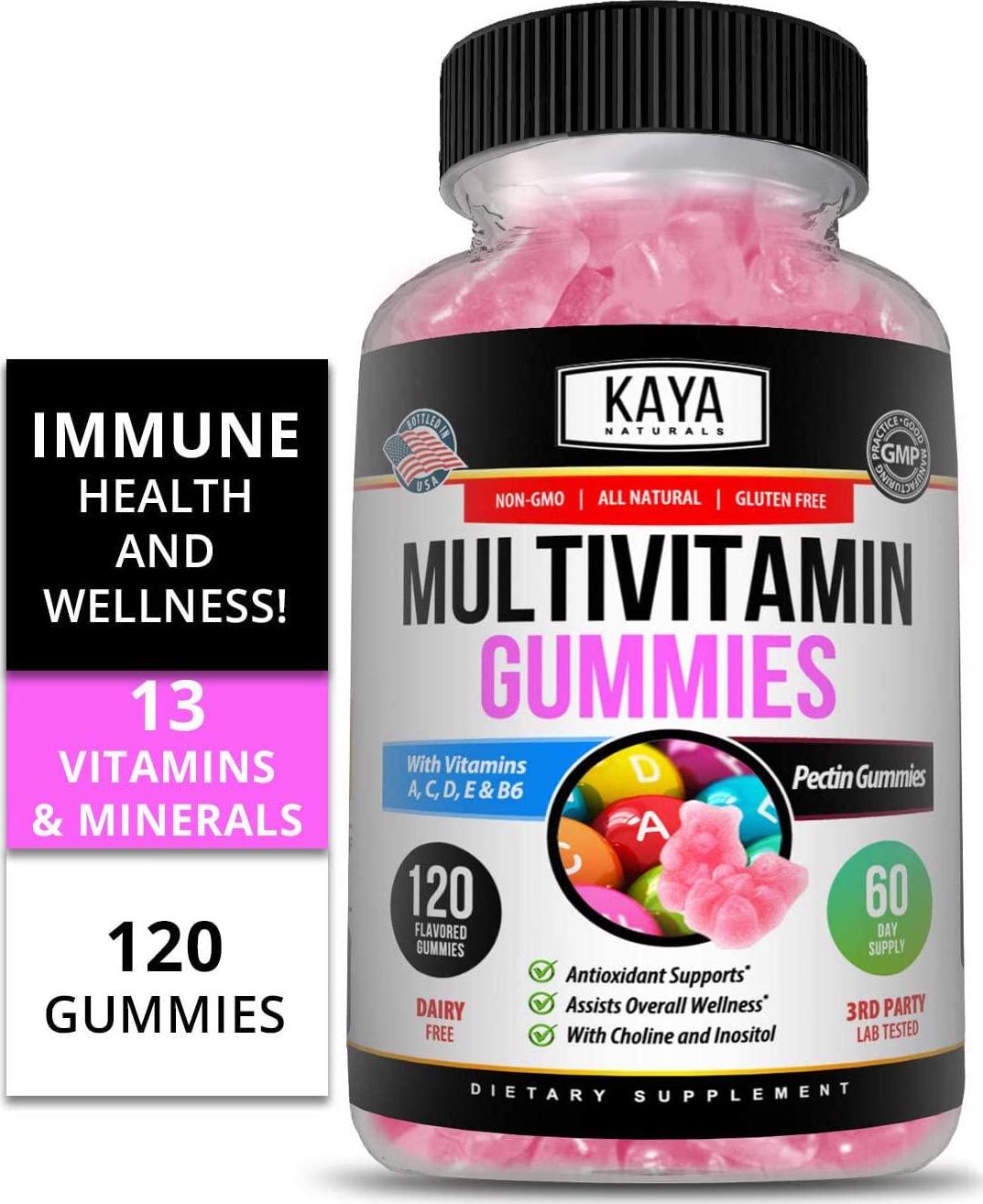 Kaya Naturals Adult Multi Vitamin Gummy, 120 Count, Biotin, Vitamin A, C and E, Including Zinc &Vitamin B-12, Folic Acid, Strawberry Flavor (120 Gummies)