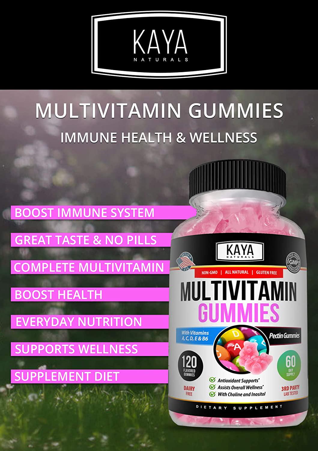 Kaya Naturals Adult Multi Vitamin Gummy, 120 Count, Biotin, Vitamin A, C and E, Including Zinc &Vitamin B-12, Folic Acid, Strawberry Flavor (120 Gummies)