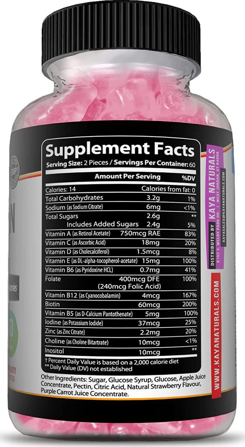 Kaya Naturals Adult Multi Vitamin Gummy, 120 Count, Biotin, Vitamin A, C and E, Including Zinc &Vitamin B-12, Folic Acid, Strawberry Flavor (120 Gummies)