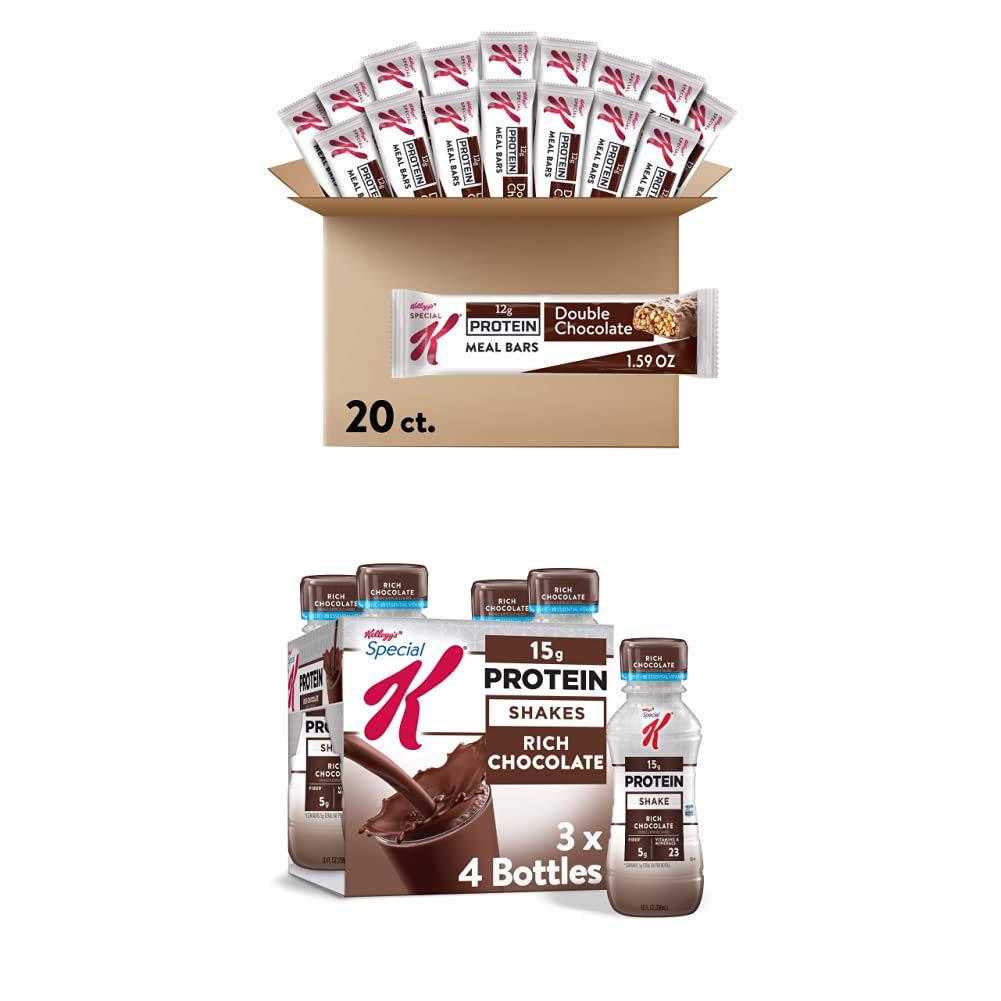 Kellogg's Special K Protein Packed Gym Box, Meal Replacement, Double Chocolate Protein Bar (20 Bars) and Rich Chocolate Protein Shakes (12 Bottles)