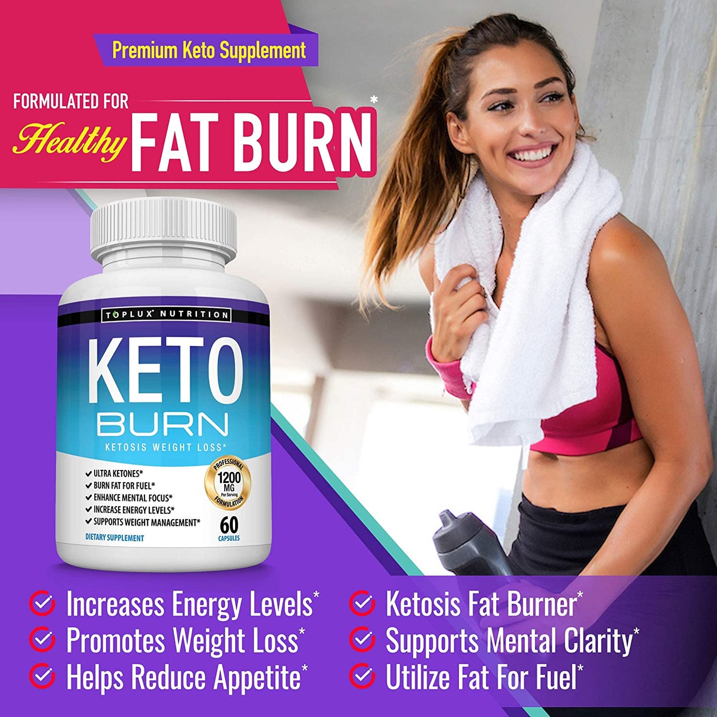 Keto Burn Pills Ketosis Weight Loss - 1200 Mg Ultra Advanced Natural Ketogenic Fat Burner Using Ketone Diet Boost Energy Focus and Metabolism Appetite Suppressant Men Women 60 Capsules Toplux Supplement