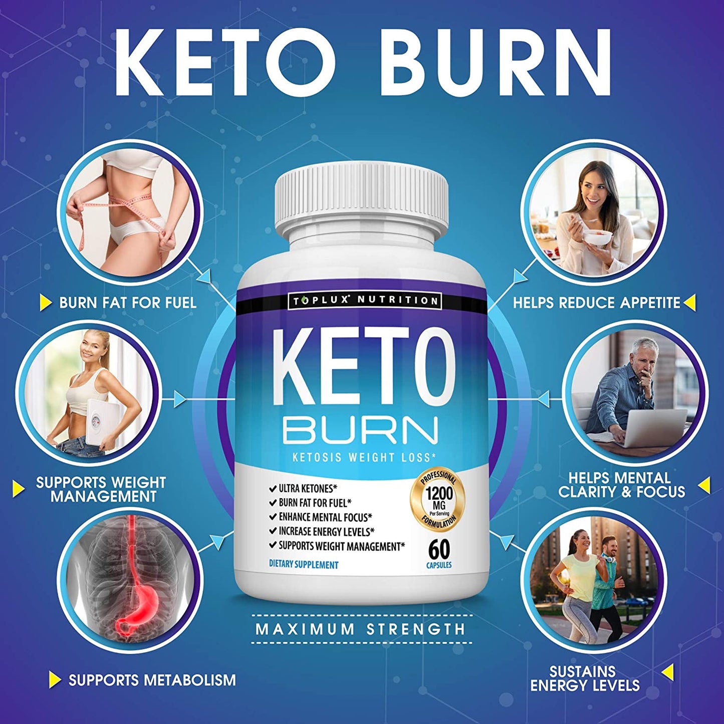Keto Burn Pills Ketosis Weight Loss - 1200 Mg Ultra Advanced Natural Ketogenic Fat Burner Using Ketone Diet Boost Energy Focus and Metabolism Appetite Suppressant Men Women 60 Capsules Toplux Supplement