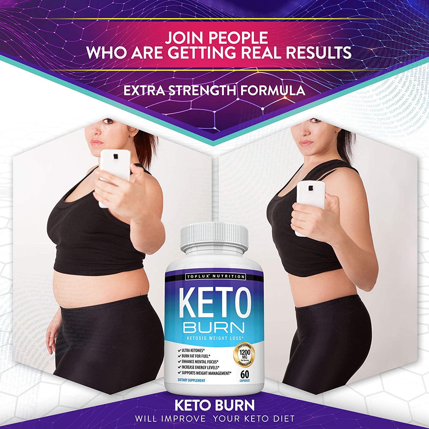 Keto Burn Pills Ketosis Weight Loss - 1200 Mg Ultra Advanced Natural Ketogenic Fat Burner Using Ketone Diet Boost Energy Focus and Metabolism Appetite Suppressant Men Women 60 Capsules Toplux Supplement