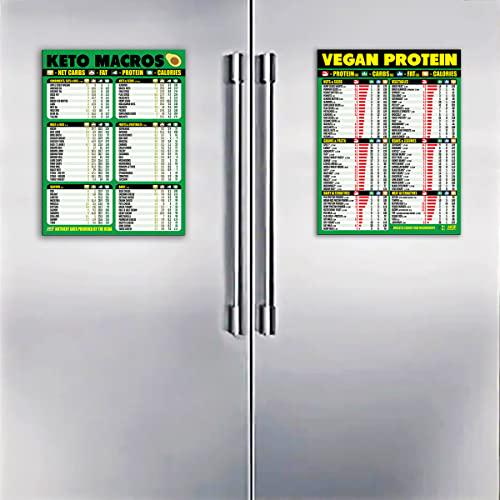 Keto Diet and Vegan Protein Cheat Sheet Magnet Combination Bundle - Extra Large Easy to Read Kitchen Accessories Quick Reference Guide Magnets for Ketogenic and Vegan Protein Foods
