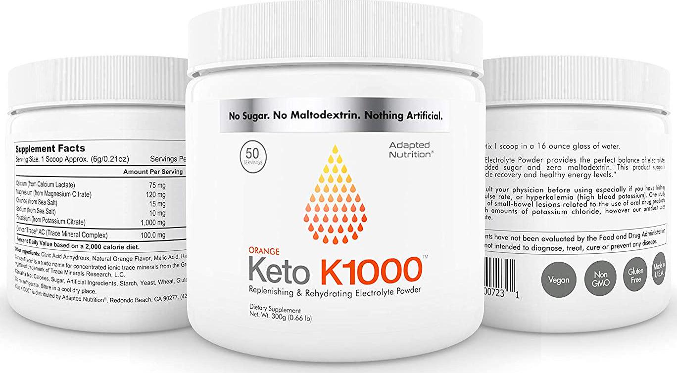Keto K1000 Electrolyte Powder | Boost Energy and Beat Leg Cramps | No Maltodextrin or Sugar | Orange, Lighter Stevia Taste | 50 Servings