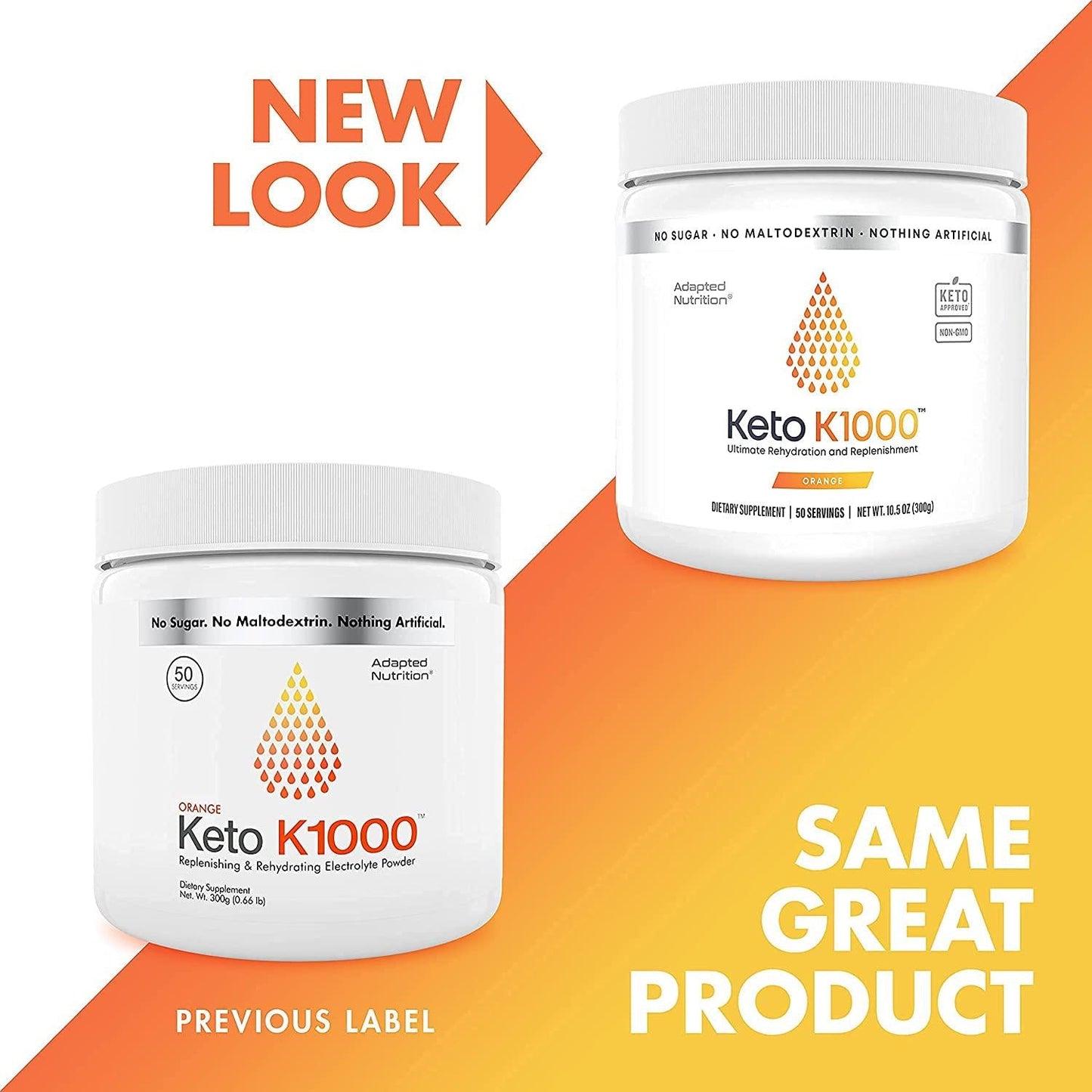 Keto K1000 Electrolyte Powder | Boost Energy and Beat Leg Cramps | No Maltodextrin or Sugar | Orange, Lighter Stevia Taste | 50 Servings