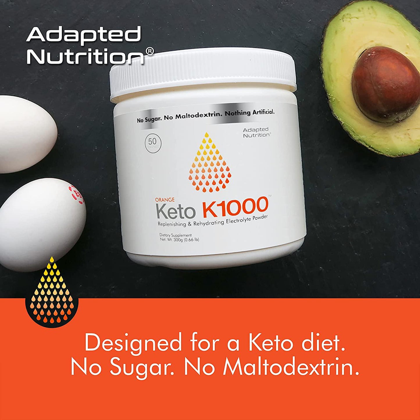 Keto K1000 Electrolyte Powder | Boost Energy and Beat Leg Cramps | No Maltodextrin or Sugar | Orange, Lighter Stevia Taste | 50 Servings