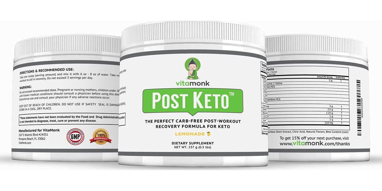Keto Post Workout Recovery Drink by VitaMonk - After Workout Recovery Drink Optimal No-Carb Keto Post Workout for Men and Women - Faster Recovery -No Additives or Sugar - Non-GMO