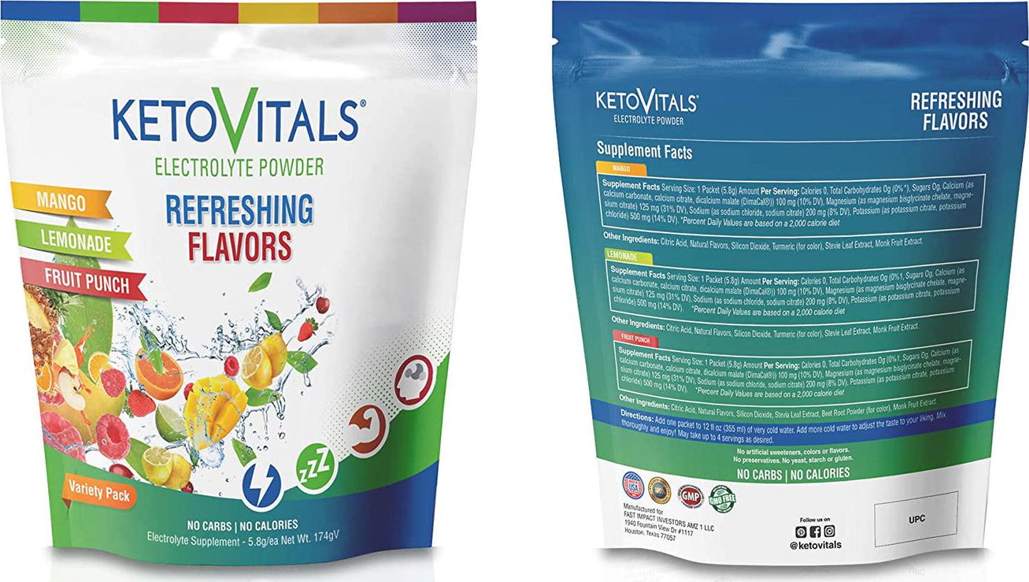 Keto Vitals Original Electrolyte Powder Stick Packs | Keto Friendly Electrolyte Travel Packets | Variety Pack Individual Packets Energy Drink Mix | Zero Calorie Zero Carb (Original Assorted, 30 count)