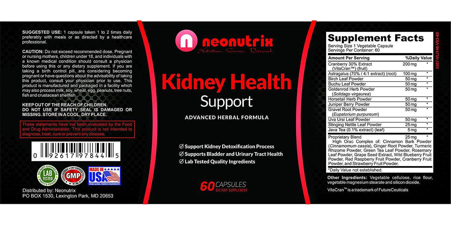 Kidney Support Cleanse Supplement - All Natural Herb Plants Dietary Supplements - Cranberry Extract Kidney Detox Cleanse - Supports Bladder and Urinary Tract Health 60 Veg Capsules by Neonutrix