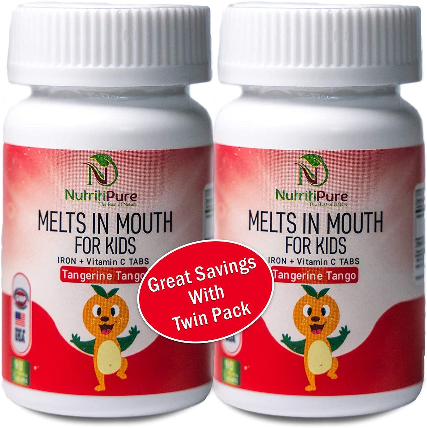 Kids Chewable Iron Supplement (Ferronyl/Carbonyl Iron 9 mg with Vitamin C 30 mg) Tablet in Tangerine Tango Orange Flavor 90 Count (2 Bottles)