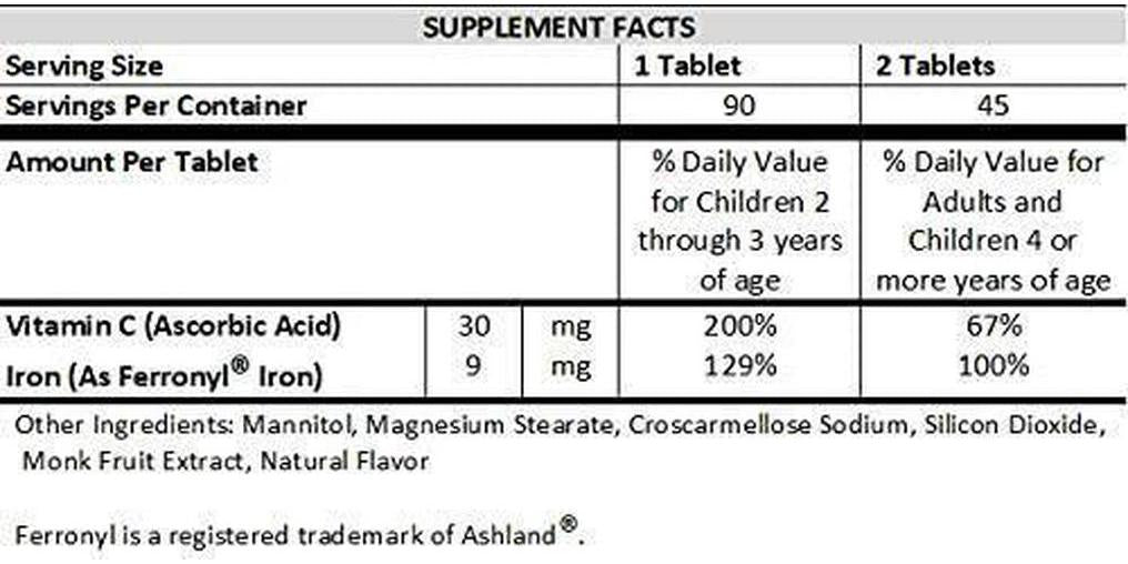 Kids Chewable Iron Supplement (Ferronyl/Carbonyl Iron 9 mg with Vitamin C 30 mg) Tablet in Tangerine Tango Orange Flavor 90 Count (2 Bottles)