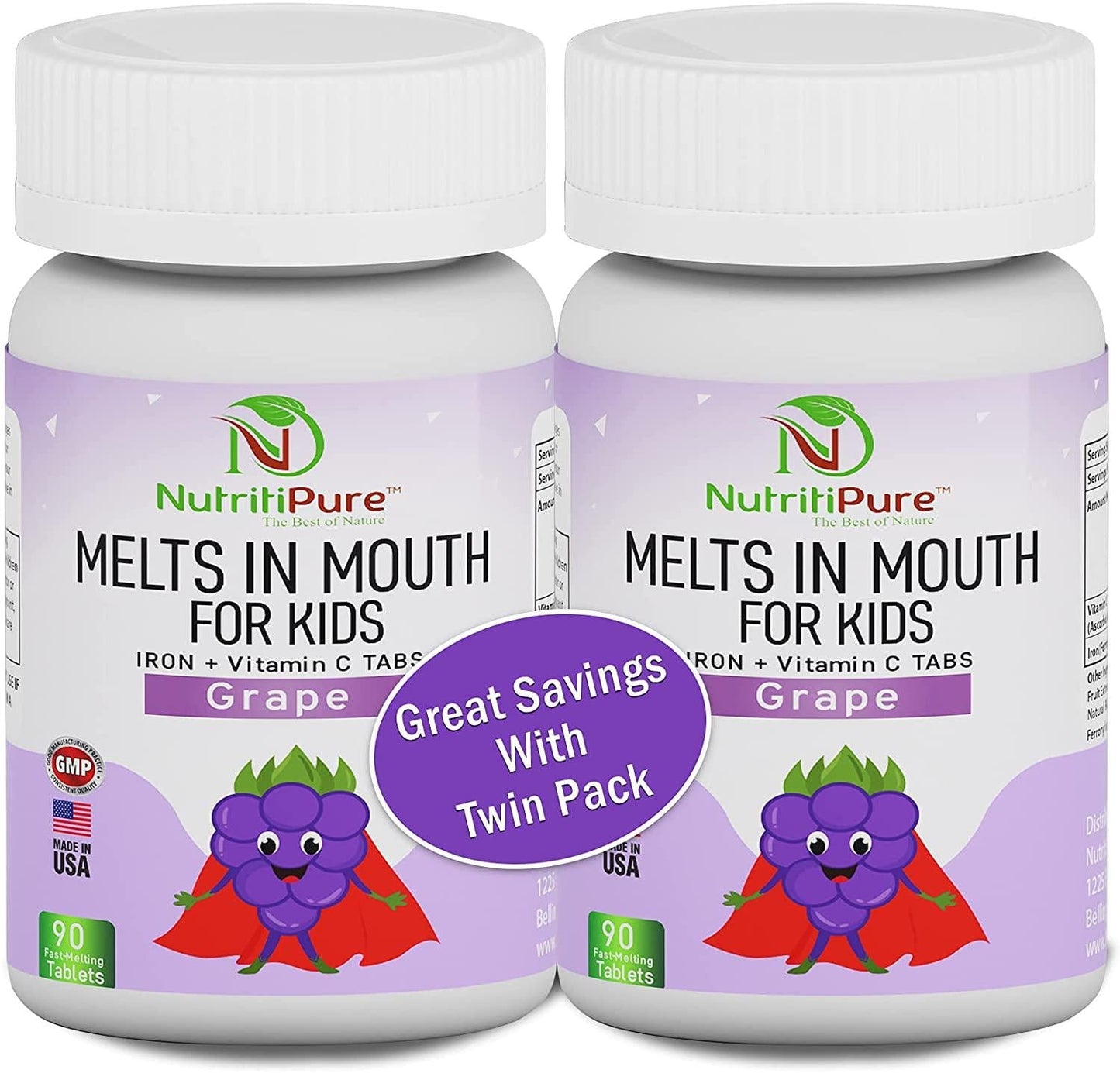 Kids Chewable Iron Supplement (Ferronyl/Carbonyl Iron 9 mg with Vitamin C 30 mg) Tablet in Delicious Grape Flavor 90 Count (1 Bottle) (2)