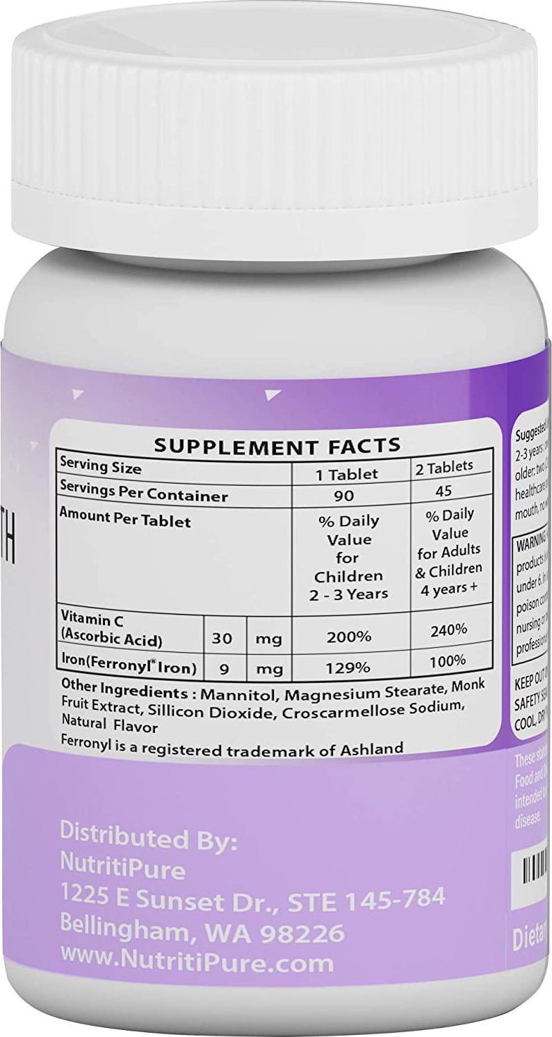 Kids Chewable Iron Supplement (Ferronyl/Carbonyl Iron 9 mg with Vitamin C 30 mg) Tablet in Delicious Grape Flavor 90 Count (1 Bottle) (2)