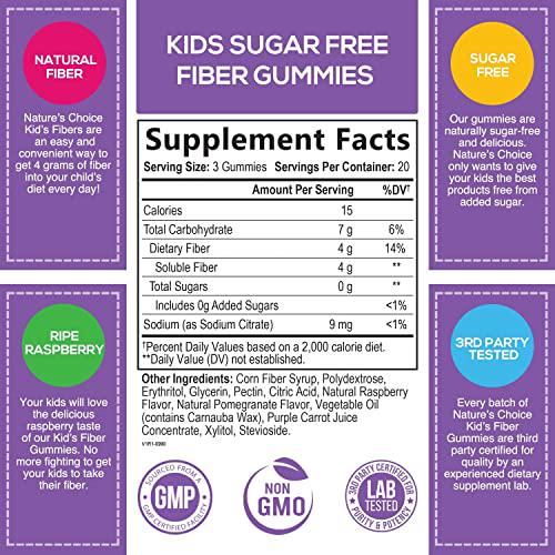 Kids Fiber Gummies Gentle Sugar Free Digestive Health Gummy - Natural Dietary Fiber Supplement for Regularity Support - Tasty Ripe Raspberry Flavor - 60 Gummies