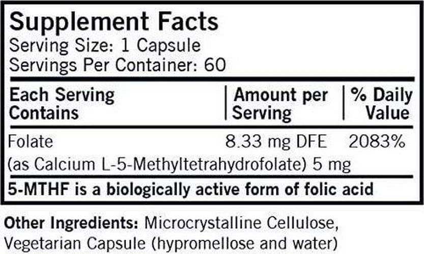 Kirkman 5-MTHF ([6S]-5-Methyltetrahydrofolate) 5 mg - Hypoallergenic | 60 Vegetarian Capsules