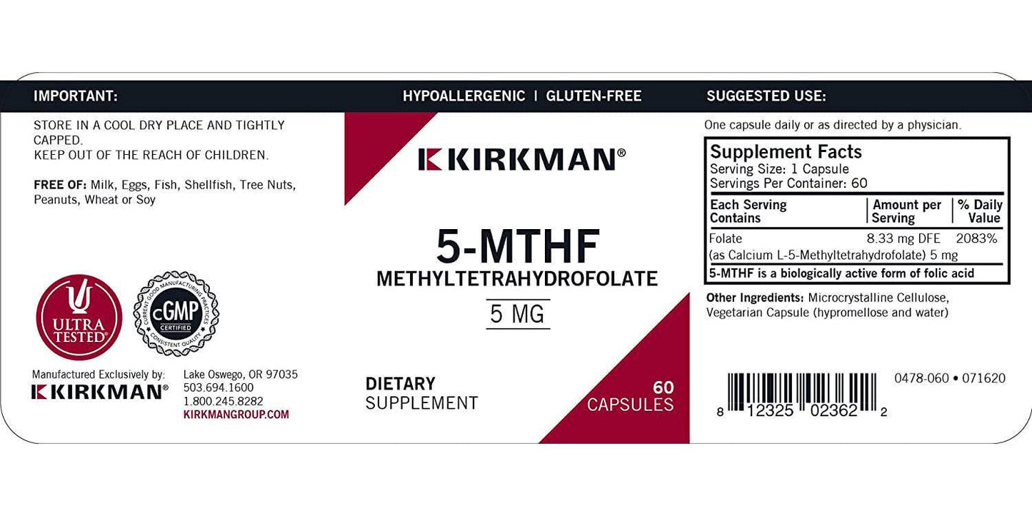 Kirkman 5-MTHF ([6S]-5-Methyltetrahydrofolate) 5 mg - Hypoallergenic | 60 Vegetarian Capsules
