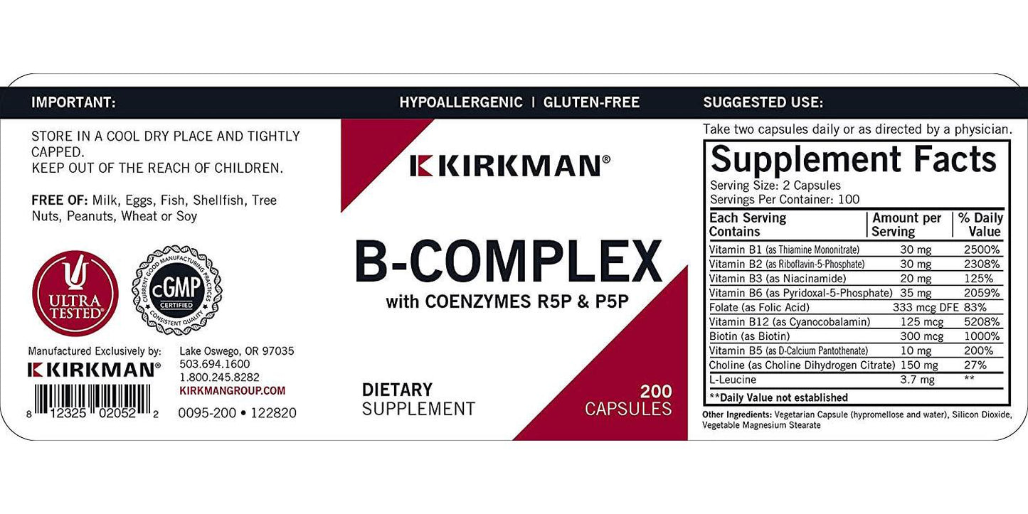 Kirkman B-Complex with CoEnzymes Pro-Support - Hypoallergenic | 200 vegetarian capsules | Gluten and Casein Free