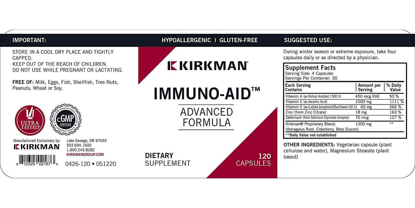 Kirkman Immuno-Aid Advanced Formula - Hypoallergenic || 120 Vegetarian Capsules || Supports Immune System || Gluten/Casein Free || Tested for More Than 950 Environmental contaminants.