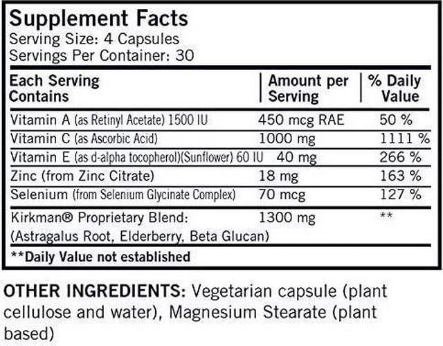 Kirkman Immuno-Aid Advanced Formula - Hypoallergenic || 120 Vegetarian Capsules || Supports Immune System || Gluten/Casein Free || Tested for More Than 950 Environmental contaminants.