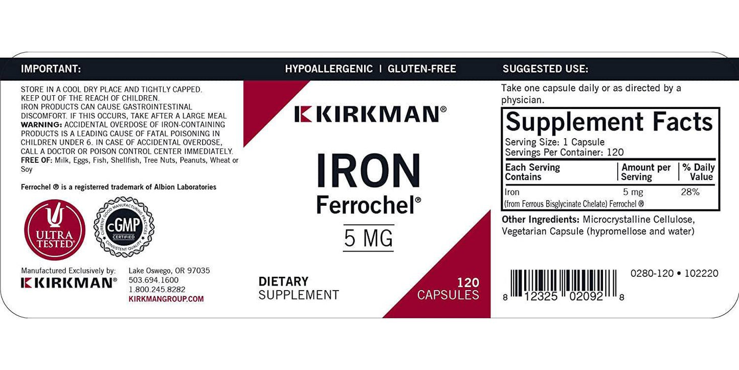 Kirkman Iron 5 Mg Bio-Max Series Hypoallergenic || 120 Vegetarian Capsules || Minerals || Gluten and Casein Free || Aids in The Production of Hemoglobin || Capsules are Plant Based 1