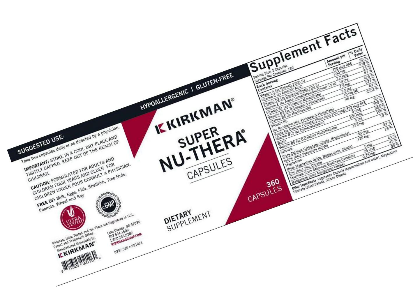 Kirkman Super Nu-TheraÂ - Hypoallergenic || 360 Vegetarian Capsules || Multi Vitamin || Provides high vitamin B-6/magnesium and vitamins || Tested for more than 950 environmental contaminants