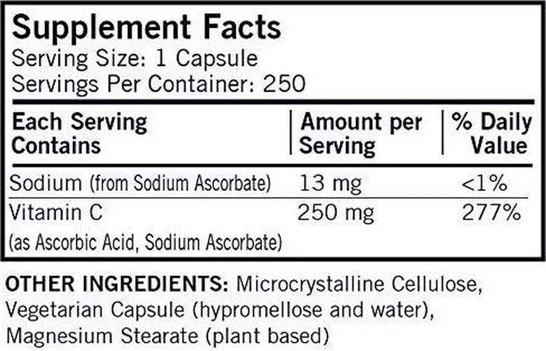 Kirkman Vitamin C 250 mg - Hypoallergenic || 250 Vegetarian Capsules || Capsules are Plant Based || Supports Immune System