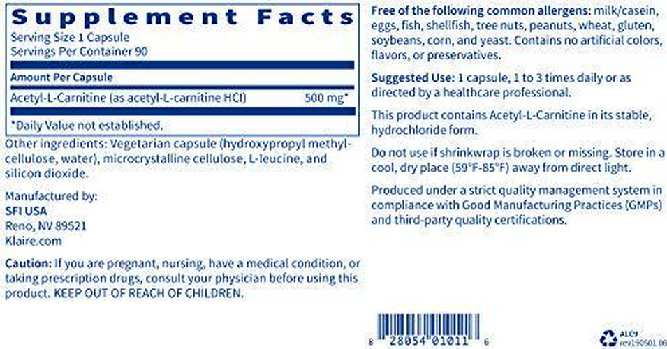 Klaire Labs Acetyl-L-Carnitine 500 mg - Hypoallergenic Acetyl L-Carnitine Supplement - Promotes Cognitive Health and Energy Production - 500mg Carnitine (90 Capsules)