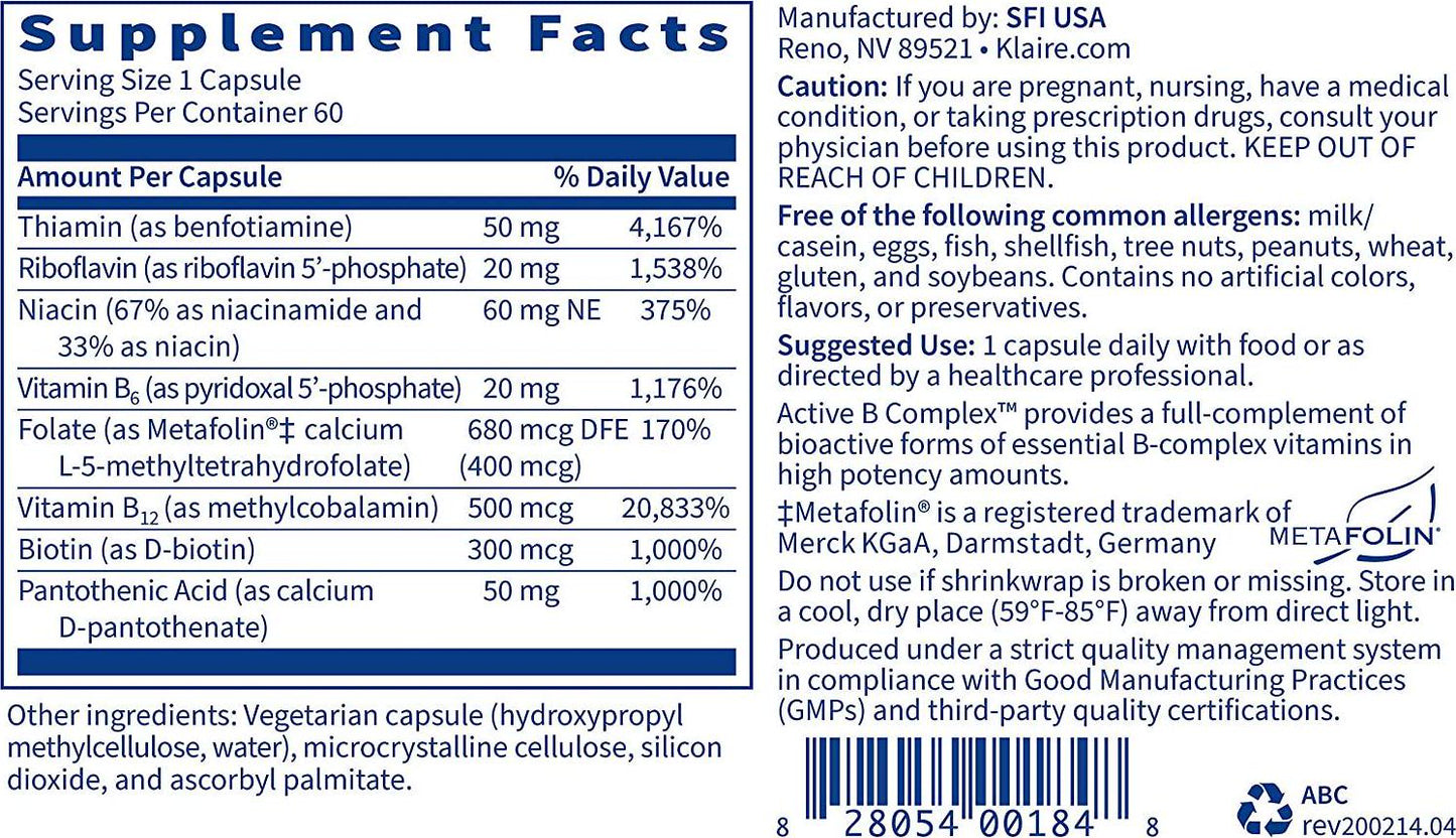 Klaire Labs Active B Complex - High Potency B Vitamins with Metafolin Folate, B12 as Methylcobalamin and B6 Benfotiamine (60 Capsules)