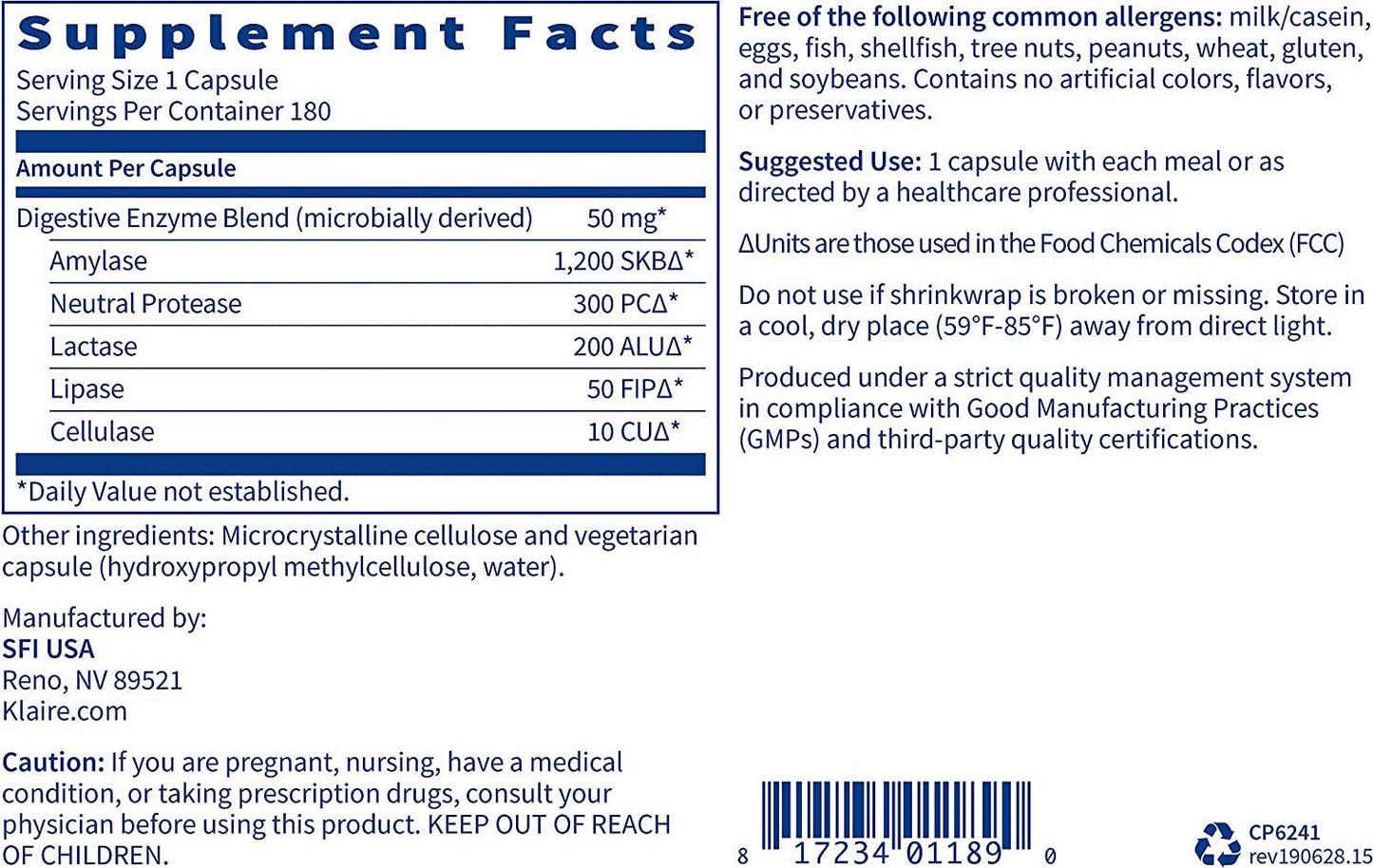 Klaire Labs Digestive Enzymes - Powerful Microbial-Based Amylase, Protease, Lactase, Lipase and Cellulase Enzyme Blend for Gas and Bloating (180 Capsules)