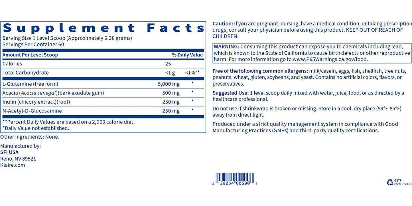 Klaire Labs Gastrothera Powder - 5000mg L-Glutamine Powder N-Acetyl-D-Glucosamine and Prebiotic Fiber - Gut Health Support - Gluten-Free Glutamine Powder, Add to Juice, Water, Food (60 Servings / 360g)