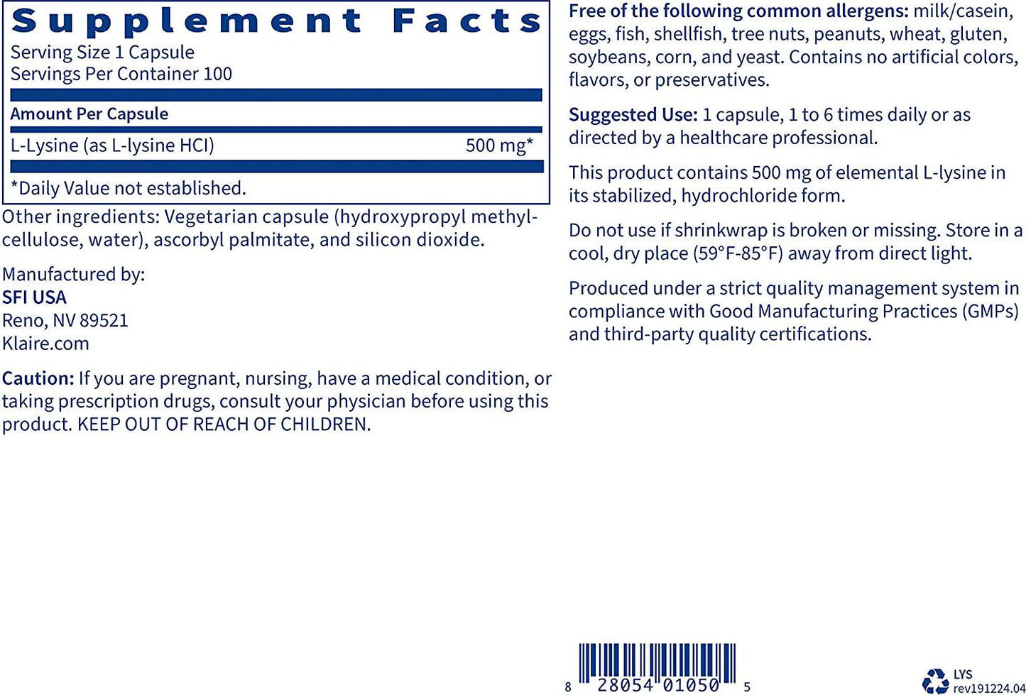 Klaire Labs L-Lysine - 500 Milligrams Essential Amino Acid Support for Immune Health and Collagen Formation, Hypoallergenic and Dairy-Free (100 Capsules)