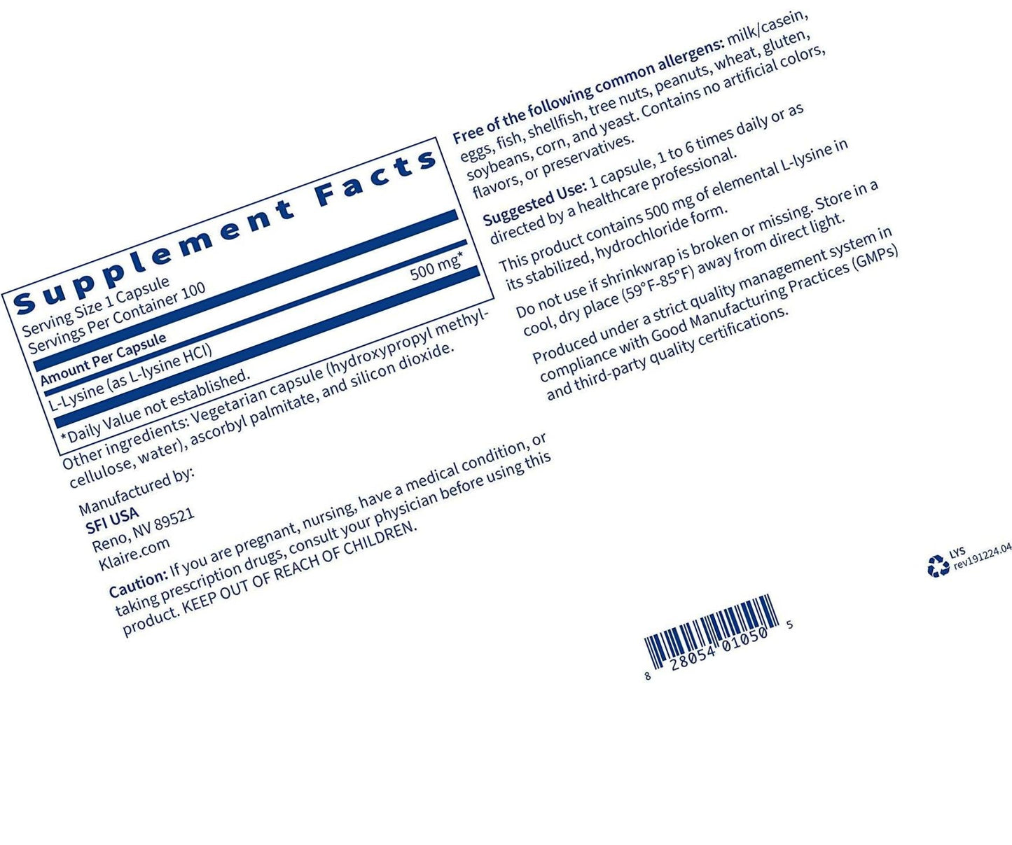 Klaire Labs L-Lysine - 500 Milligrams Essential Amino Acid Support for Immune Health and Collagen Formation, Hypoallergenic and Dairy-Free (100 Capsules)