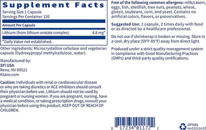 Klaire Labs Lithium Orotate 4.8 mg - May Help Balance Mood - Bioavailable Lithium Orotate Supplement - Trace Minerals Promote Focus, Memory, Cognitive and Mood Support (120 Vegetarian Capsules)