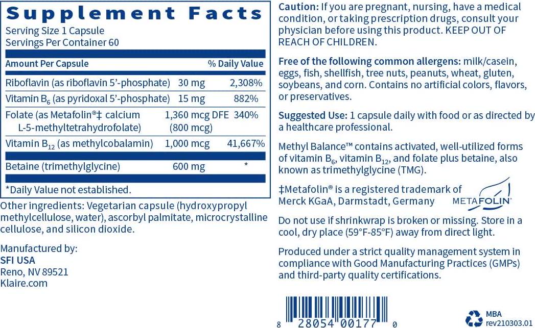 Klaire Labs (ProThera) Methyl Balance - Methylation Support with Active Folate, B2, B12, B6 and TMG (60 Capsules)