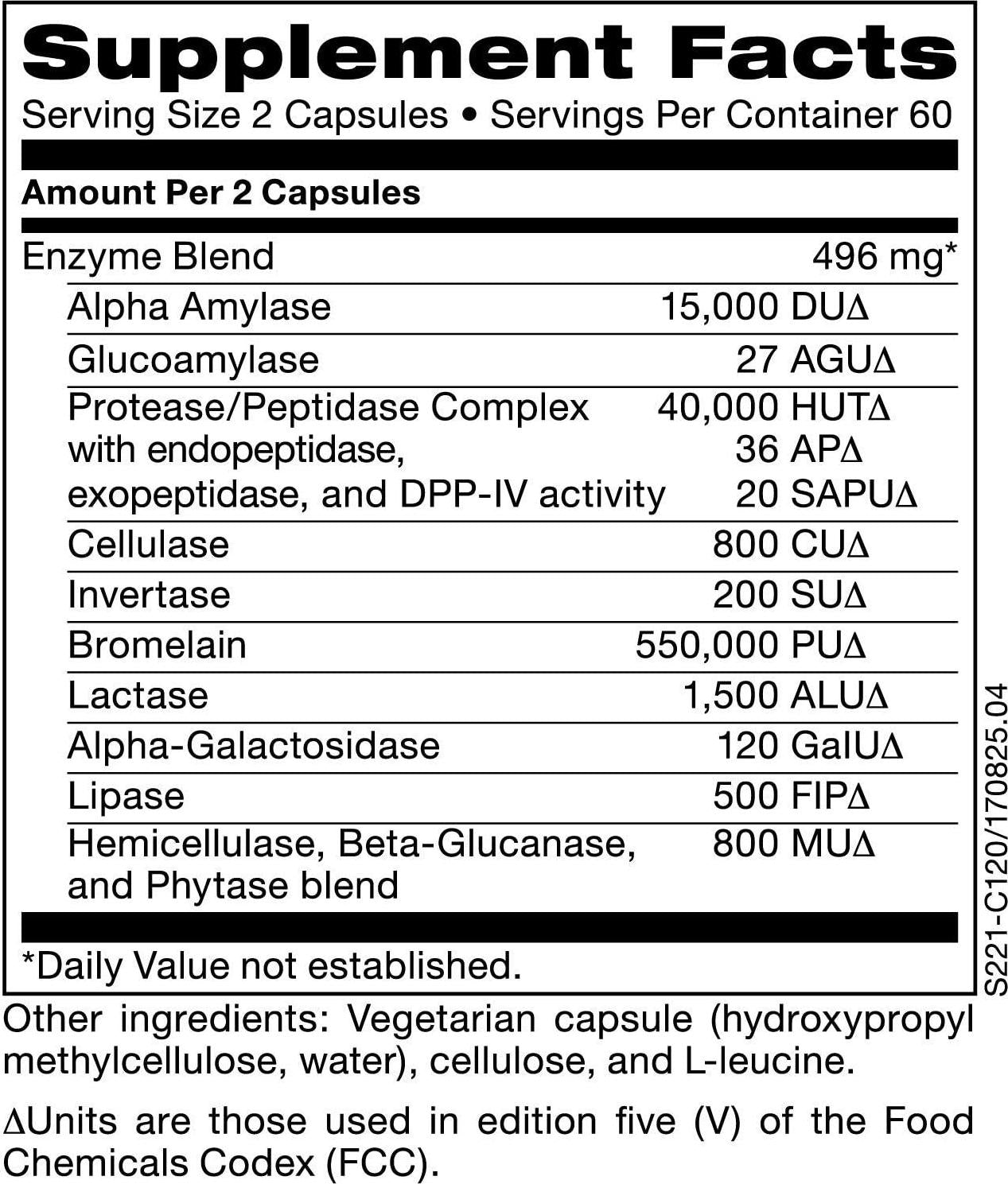 Klaire Labs Vital-Zymes Forte - Hypoallergenic Blend of Microbial and Plant Digestive Enzymes with Bromelain to Help Breakdown of Proteins, Fats, Carbs, Sugars, Fibers, Gluten and Casein (120 Capsules)