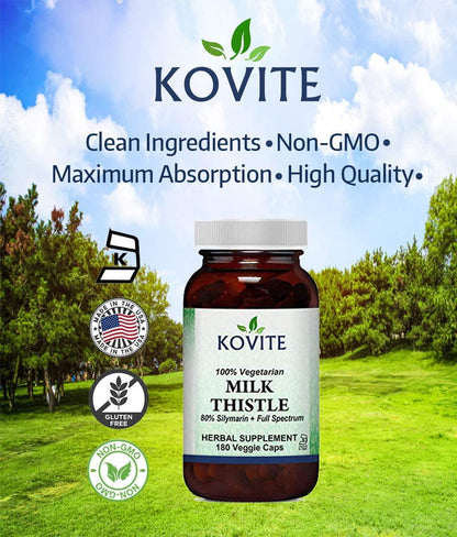 Kovite Milk Thistle Standardized 80% Silymarin - Kosher - 180 Vegetable Capsules