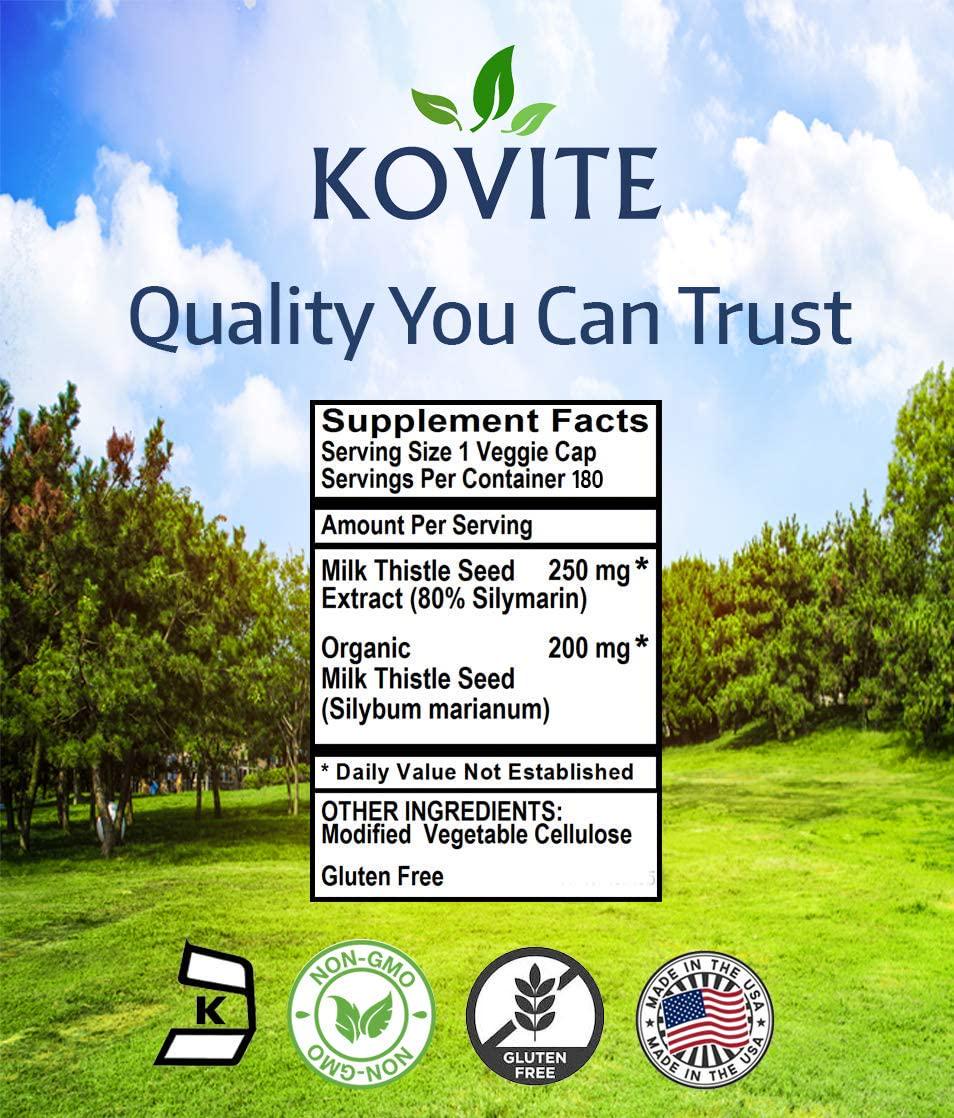 Kovite Milk Thistle Standardized 80% Silymarin - Kosher - 180 Vegetable Capsules