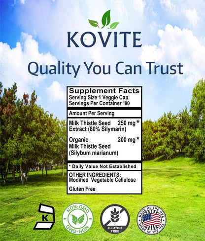 Kovite Milk Thistle Standardized 80% Silymarin - Kosher - 180 Vegetable Capsules