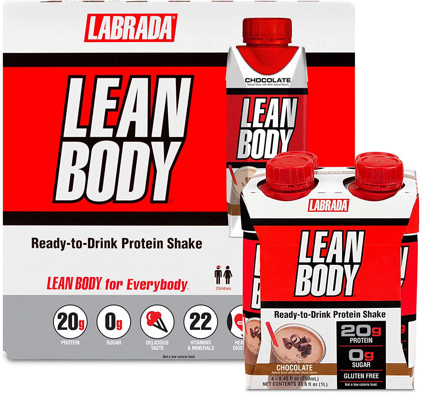 LABRADA NUTRITION - Lean Body RTD Whey Protein Shake, Convenient On-The-Go Meal Replacement Shake for Men and Women, 20 grams of Protein Zero Sugar, Lactose and Gluten Free, Chocolate (Pack of 16)