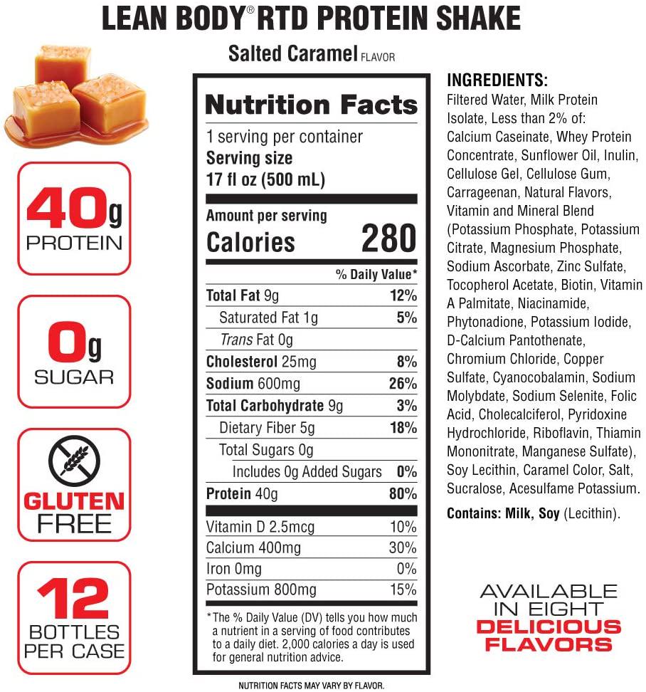 LABRADA NUTRITION - Lean Body RTD Whey Protein Shake, Convenient On-The-Go Meal Replacement Shake for Men and Women, 40 grams of Protein Zero Sugar, Lactose and Gluten Free, Salted Caramel (Pack of 12)