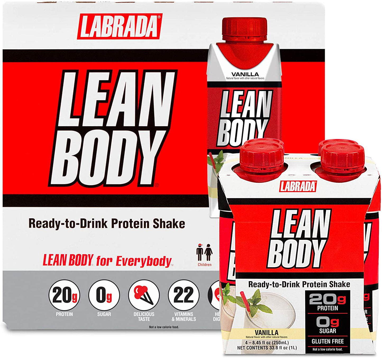 LABRADA Nutrition - Lean Body RTD Whey Protein Shake, Convenient On-The-Go Meal Replacement Shake for Men and Women, 20 Grams of Protein Zero Sugar, Lactose and Gluten Free, Vanilla (Pack of 16)