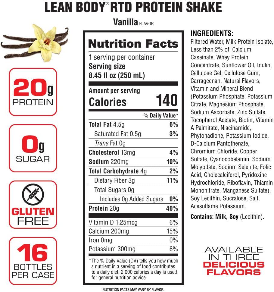 LABRADA Nutrition - Lean Body RTD Whey Protein Shake, Convenient On-The-Go Meal Replacement Shake for Men and Women, 20 Grams of Protein Zero Sugar, Lactose and Gluten Free, Vanilla (Pack of 16)